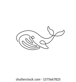 Whale continuous line drawing, small tattoo, print for clothes and logo design, emblem or logo design, silhouette one single line on a white background, isolated vector illustration.