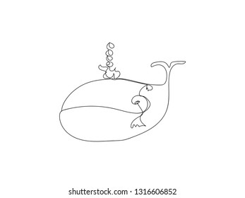 The Whale Continuous Line Vector Illustration. One Line Style Doodle While Image. Original Fish Picture