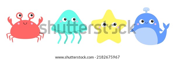 Whale Crab Jellyfish Starfish toy icon set line.\
Big eyes. Yellow star. Cute cartoon kawaii funny baby character.\
Sea ocean animal collection. Kids print. Flat design. White\
background Isolated\
Vector