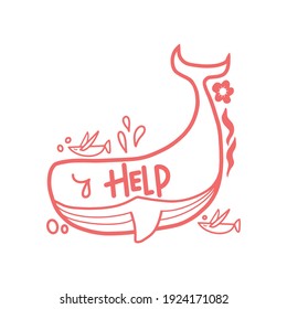 Whale crying because of whaling and asking for help cartoon vector illustration doodle style. Stop killing whales.