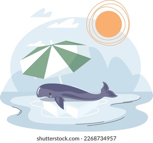 Whale crying suffering lying on an ice floe scorching sun in an Antarctic cold landscape with iceberg and snow. Melting glaciers due to global warming. Rising air and water temperatures problem