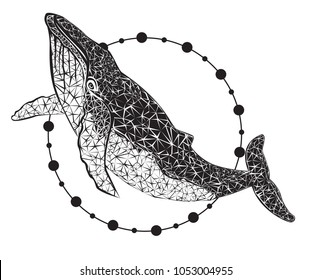 Whale with crystals. Character tattoo design. Artwork for print and textiles. Vector illustration