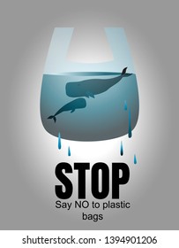 Whale with a cub in a plastic bag. The problem of pollution of the environment and the ocean, the suffering of marine animals from waste. Text Say no to plastic bags. Zero West