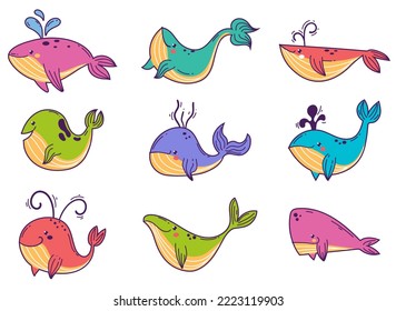 Whale cute animal sea character ocean design element concept illustration set
