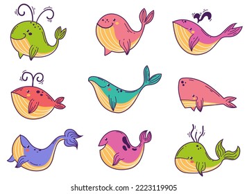 Whale cute animal sea character ocean design element concept illustration set