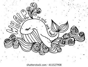 whale cute cartoon illustration, isolated animals on white background