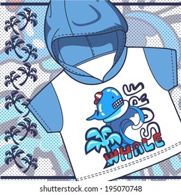 Whale cute playing surf on hood t-shirt.