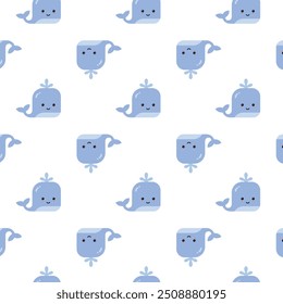 Whale cute seamless pattern vector illustration. Adorable marine animal birthday theme for children, babies. Funny sea creature character with smiling expression in flat design on a white background.