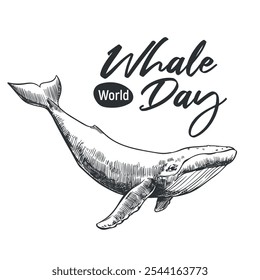 Emblema del Día de la Ballena, 19 de febrero de 2025. Dibujo lineal monocromo de Vector de una ballena jorobada. Concepto del problema global de preservar la diversidad de mamíferos en el océano. Diseño para una camiseta.