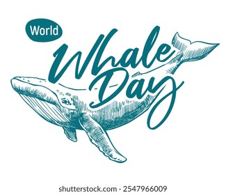 Emblema del Día de la Ballena, 19 de febrero de 2025. Dibujo lineal monocromo de Vector de una ballena jorobada. Concepto del problema global de preservar la diversidad de mamíferos en el océano. Diseño para una camiseta.