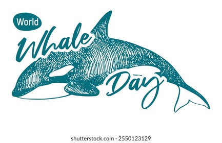 Emblema del Día de la Ballena, 19 de febrero de 2025. Dibujo lineal de Vector de la ballena asesina. Concepto del problema global de preservar la diversidad animal en el océano. Diseño Orca para camiseta.