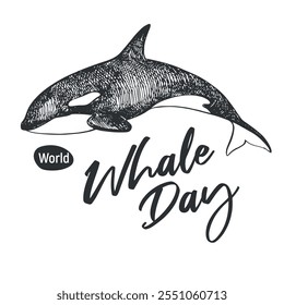 Emblema del Día de la Ballena, 19 de febrero de 2025. Dibujo lineal de Vector de la ballena asesina. Concepto del problema global de preservar la diversidad animal en el océano. Diseño Orca para camiseta.