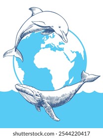 Emblema del Día de la Ballena o del Día del Océano. concepto de problema global de preservación de la diversidad animal marina. Dibujo lineal Vector de delfines y ballenas jorobadas contra el fondo del planeta Tierra.