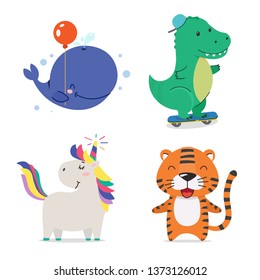 Whale, dinosaur, unicorn, tiger. Cute cool little animals smiling. Kawaii cartoon baby animal character set. Flat hand drawn illustration kid's poster. Child theme. T-shirt print, wear, greeting card.
