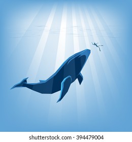 Whale and diver under the ocean. (Nature concept cartoon illustration)