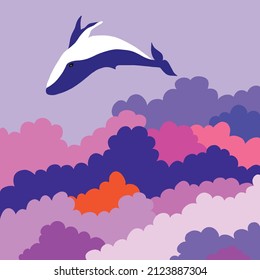 The whale dives into the clouds. Hand drawn style. Vector illustration