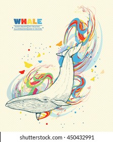 Whale dives into the water whale art hand drawn vector illustration 