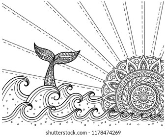 Whale diving into sea against the sunset. Coloring book page antistress - ocean landscape with waves, mandala in form of sun, fish tail.