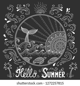 Whale diving into sea against the sunset. Ocean landscape with waves, mandala in form of sun, fish tail. Lettering "Hello summer". Chalk drawing.