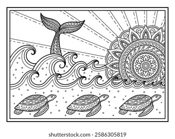 Whale diving into sea against the sunset. Coloring book page antistress - ocean landscape with waves, mandala in form of sun, fish tail.