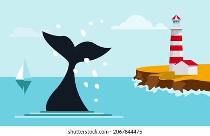 Whale diving with splashes of sea. Tail and drops water.Lighthouse on cliff. Design template for Brochure, Flyer or Depliant for business purposes. Vector summer background