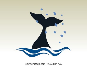 Whalettauchen mit Meeresspiegeln. Schwanz und Wassertropfen. Retro, Vektorhintergrund und Illustration. 
