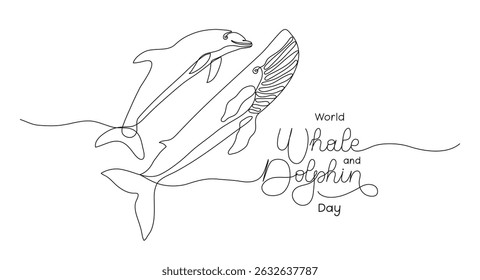 Whale and Dolphin Day July 23 black text banner template. Concept of problem preserving animal in the ocean. Editable stroke hand drawn lettering. One line art background. Outline drawing typography