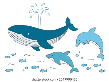 Whale and dolphin hand drawn illustration set