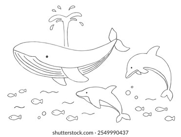 Whale and dolphin hand drawn illustration set