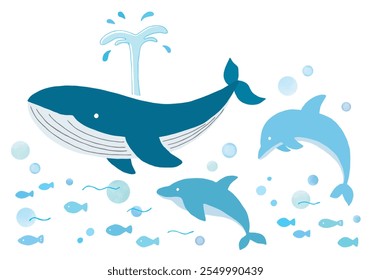 Whale and dolphin hand drawn illustration set