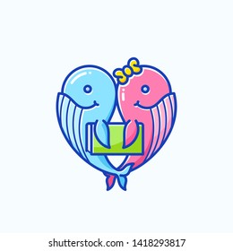 Whale or Dolphin Kids with Book Abstract Vector Sign, Emblem or Logo Template. Cheerful Funny Cartoon Whales Illustration. Isolated.