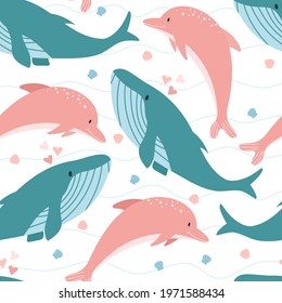 Whale and dolphin seamless pattern. Cute sea and underwater life pattern for nursery.