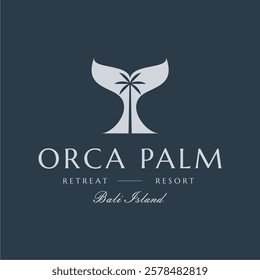 Whale Dolphin Tail with Palm Tree Logo Design. Tropical Island Retreat Resort Vibe