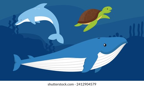 Whale, dolphin and turtle underwater