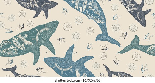 Whale. Double exposure animals. Seamless pattern. Packing old paper, scrapbooking style. Vintage background. Medieval manuscript, engraving art.  Symbol travel, adventure. Lighthouse and waves 