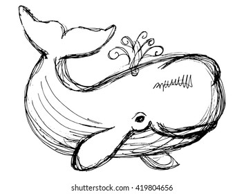 The whale drawing. Hand drawn illustration with whale. Animal in the sea and ocean.