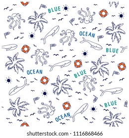 Whale drawing seamless pattern.Funny all over print.Summer items vector design.