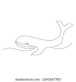 Whale drawn by one line. Sketch. Continuous line drawing sea animal. Vector illustration in doodle style.