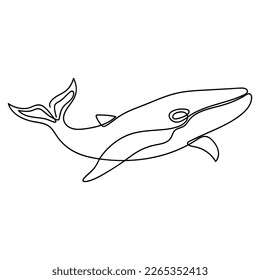 Ballena dibujada en una línea sobre blanco. Animal submarino. Mamífero de los océanos. Diseño de logotipo, tatuaje.