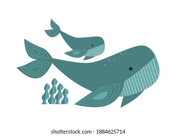 Whale drawn. Set of whales flat vector simple illustrations isolated on white background. Zero waste, recycle, nature, eco life concept. Undersea world logo. Marine life. T-shirt design, poster, card