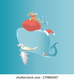 Whale dressed as Santa Claus carrying gifts. Vector illustration