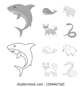 Whale, elephant,snake, fox.Animal set collection icons in outline,monochrome style vector symbol stock illustration web.