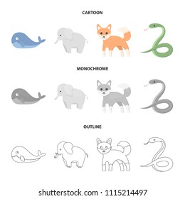 Whale, elephant,snake, fox.Animal set collection icons in cartoon,outline,monochrome style vector symbol stock illustration web.