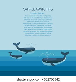 Whale family. Arctic scene with marine animals in cold blue ocean. Poster template. Flat design style. Copy space. Vector illustration.