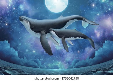 Whale family flying above shimmering sea surface in surreal starry night in fisheye view, 3d illustration