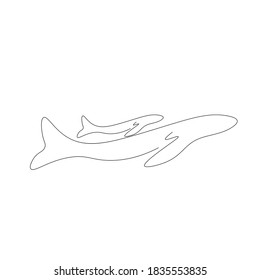 Whale family line drawing. Vector illustration