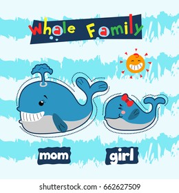 whale family in the sea. cute vector cartoon illustration