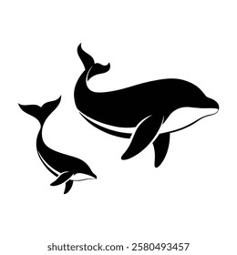 Whale family silhouettes set in black color simple and clean vector illustration on a white background.
