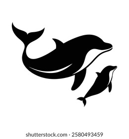 Whale family silhouettes set in black color simple and clean vector illustration on a white background.
