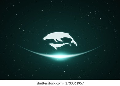 Whale family in space. Vector conceptual illustration with white silhouettes of endangered animals and glowing outline. Surreal green background for greeting cards, posters and other design